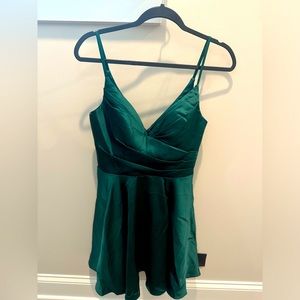 Lulu’s Remarkable Romance Emerald Green Satin Skater Dress with Pockets